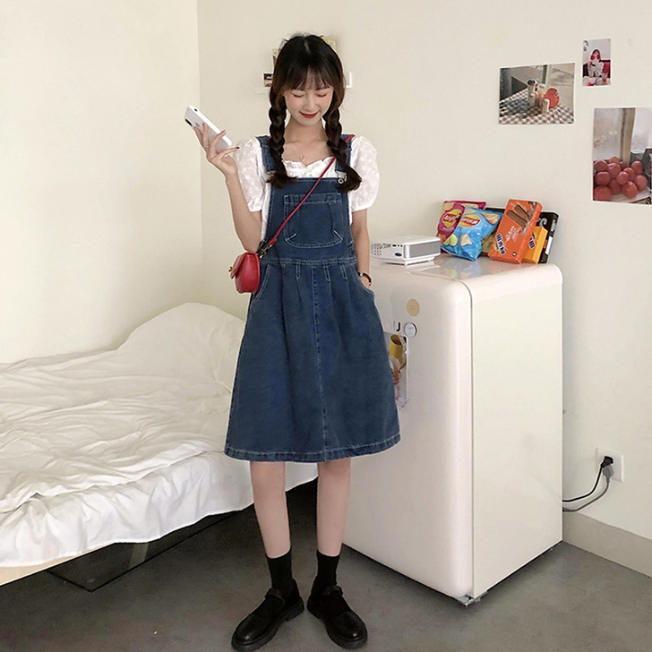 夏季新款学院风小个子牛仔背带裙中长款过膝日...