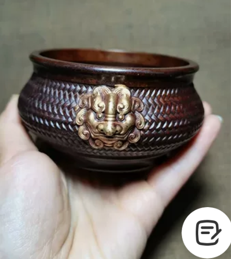 双狮头鎏金铜缸，可做香炉，也可做烟灰缸，包...