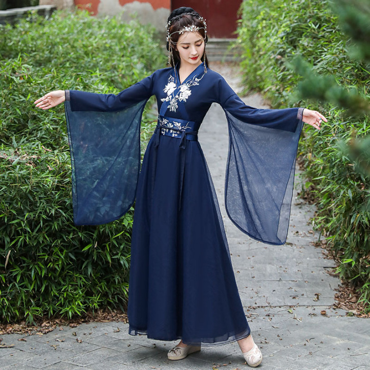 蓝色汉服女中国风春秋广袖流仙裙古风飘逸超仙...