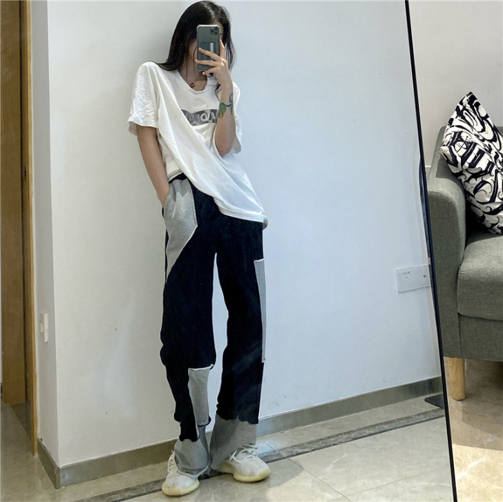 gagaopt新品高腰拼接贴布休闲裤女秋季...