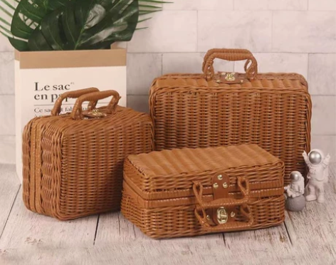 手工藤编手提箱储物箱田园复古收纳箱野餐篮拍...