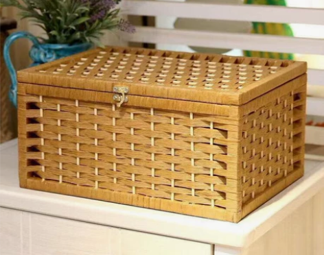 包邮藤编带扣手工编织收纳盒桌面收纳箱有盖零...