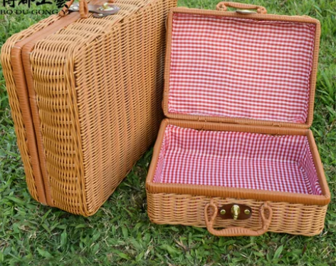 仿藤田园复古胶藤编手提箱收纳箱野餐篮储物箱...