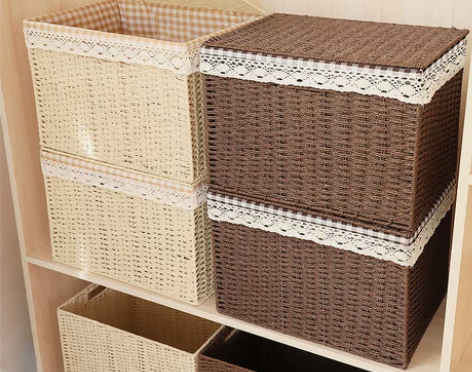 收纳箱藤编杂物收纳盒编织收纳筐有盖衣服玩具...