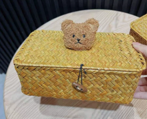 ins风小熊收纳盒三件套，柳藤编篮带盖防尘...