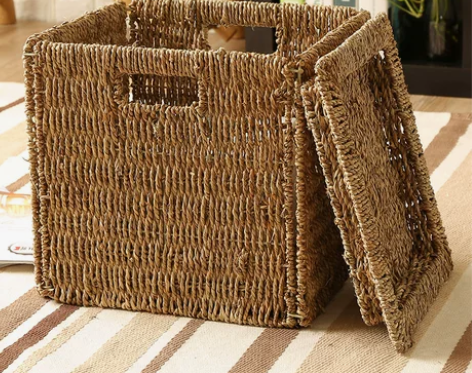 KENS 草编收纳可折叠筐 储物篮 书房杂...