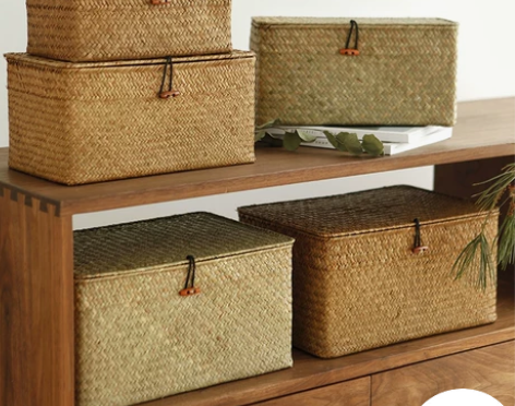 海草带盖收纳盒整理箱藤编竹编草编编织桌面零...