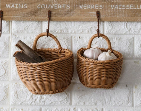 北欧编织篮厨房姜蒜收纳篮复古壁挂篮手提小花...