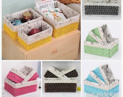 【全新】手工编织收纳筐纸艺藤编织布艺桌面茶...