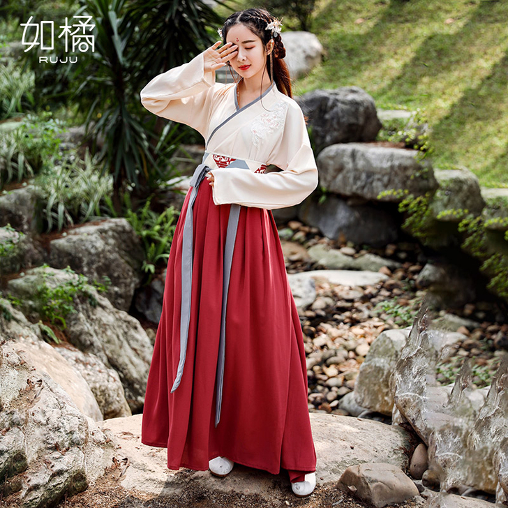 汉服女中国风交领齐腰襦裙套装改良魏晋古装仙...