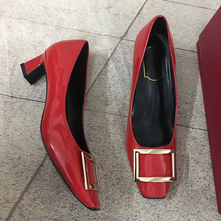 粗跟单鞋女2020春款中跟浅口方头高跟鞋百...