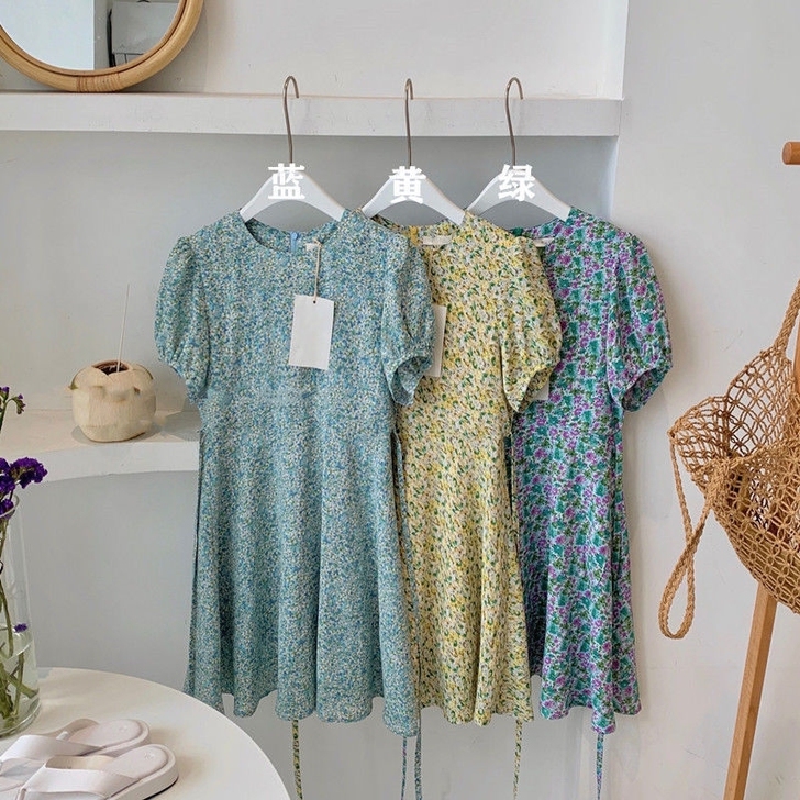 春夏小清新碎花蓝色连衣裙