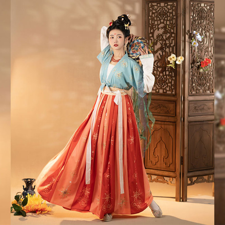 唐褙子汉服原创唐制齐腰褶裙印花刺绣中国风春...