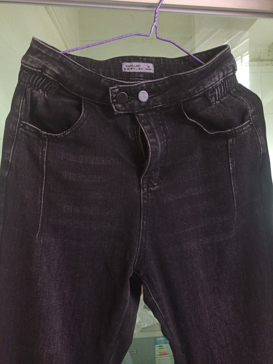 牛仔灰黑色高腰裤(过肚脐)双扣弹力修身牛仔...