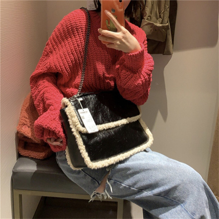包包女2021新款复古羊羔毛流浪包大容量链...