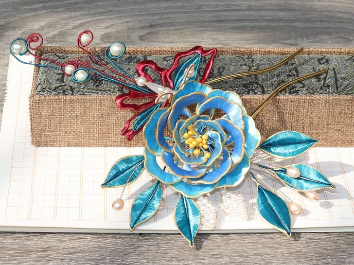 缠花发簪 描金边牡丹花 明制汉服头饰