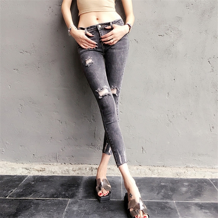 秋季韩国显瘦紧身烟灰色膝盖破洞牛仔裤女铅笔...