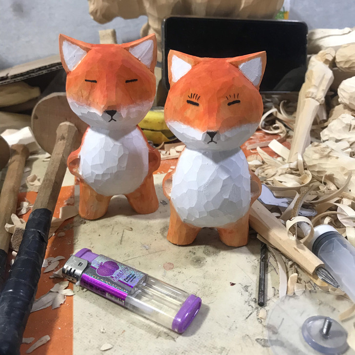 木雕藏狐摆件实木胖狐狸摆件实木手工雕刻