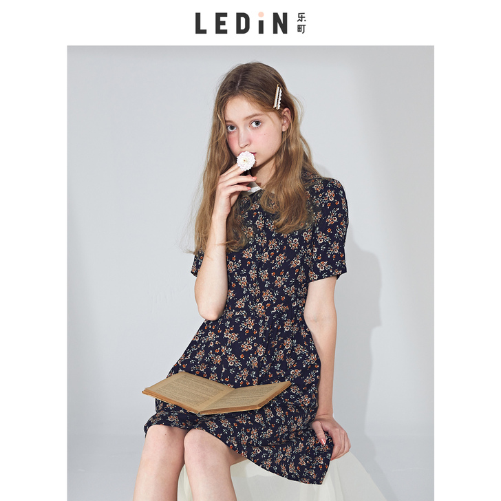 乐町复古碎花连衣裙2019秋季新款雪纺裙子...