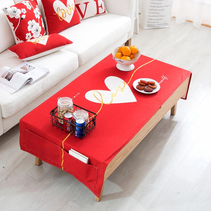 红色新年茶几盖布桌布客厅长方形电视柜棉麻盖...