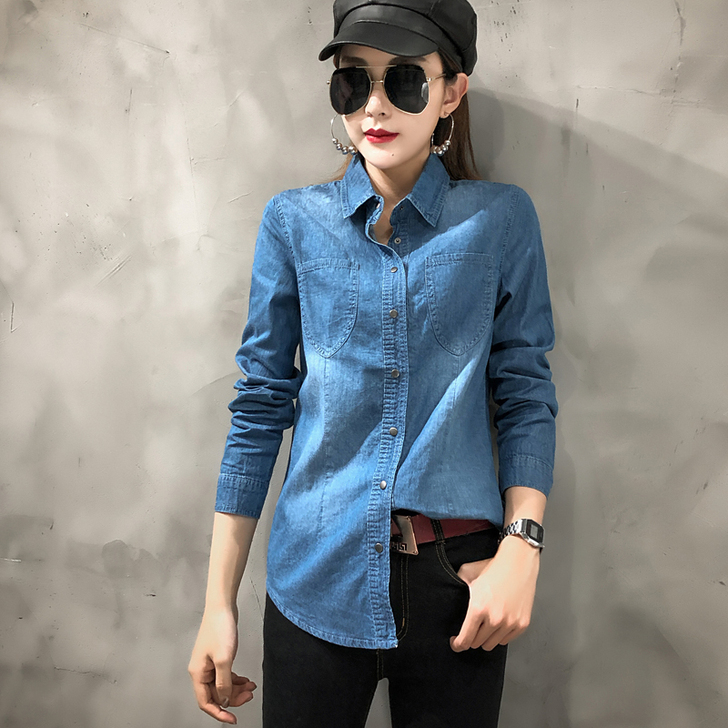 牛仔衬衫女长袖打底衫2018春秋装新款韩范...
