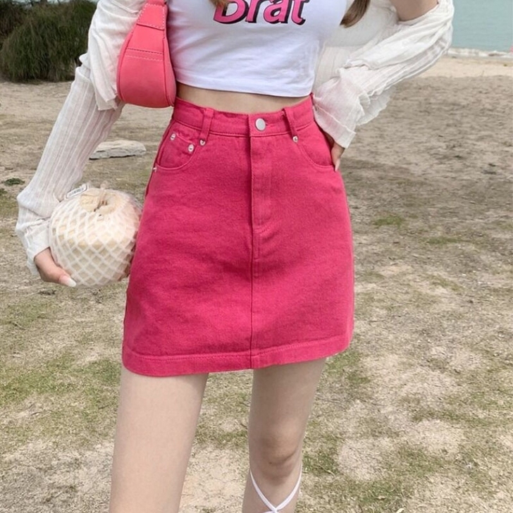 只出 显瘦牛仔短裙女韩版设计红色短裙a字包...