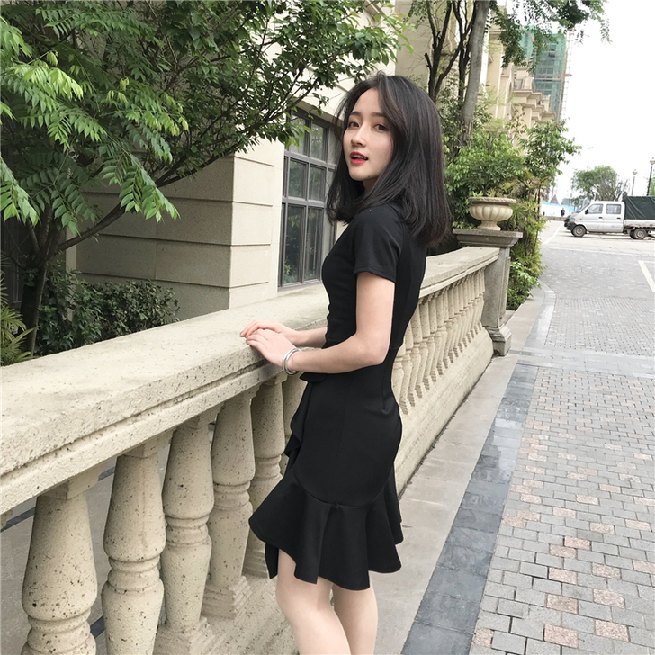 冷淡风复古极简裙子学生不规则荷叶边显瘦连衣...
