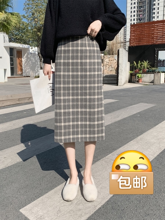 毛呢格子半身裙女中长款过膝开叉直筒裙秋冬复...