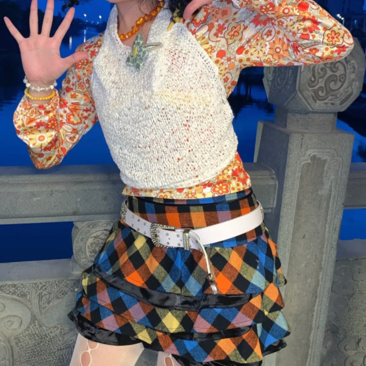 复古格子蛋糕裙 y2k辣妹涩谷亚文化短裙 ...