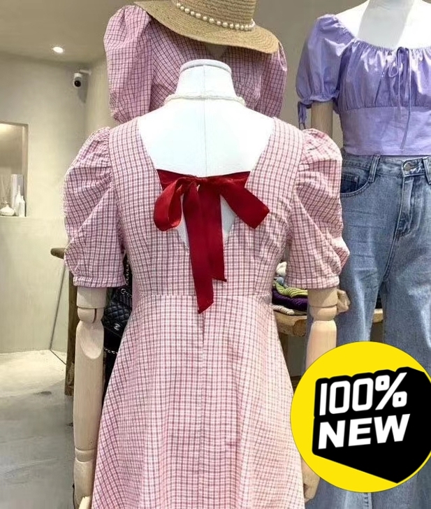 S码粉色格子蝴蝶结法式裙子，夏季清仓全新无...