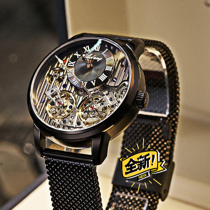 镂空全自动双陀飞轮机械表 瑞士正品 艾浪手表