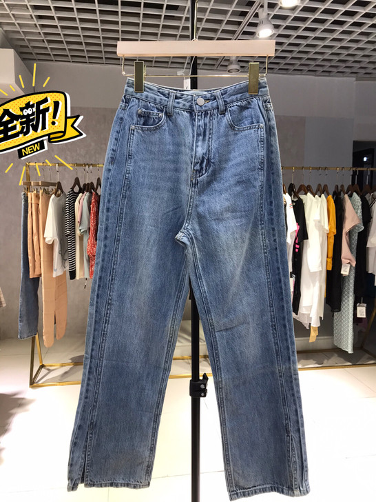 直筒女款开叉牛仔裤微瑕小码浅色