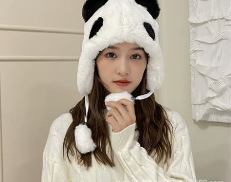 新款全新秋冬毛绒帽时尚可爱小熊猫耳朵帽子女...