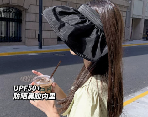 黑胶空顶防晒帽女夏季扎马尾大帽檐防紫外线遮...
