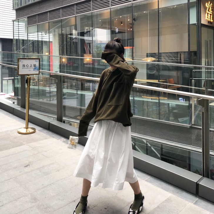 COOKADAILY黑色a字裙半身裙女中长...