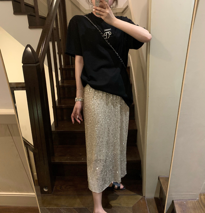 人鱼姬亮片半身裙中长款气质高腰显瘦开叉一步裙