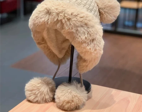 新款毛线帽子女士冬季可爱毛球套头帽保暖加绒...