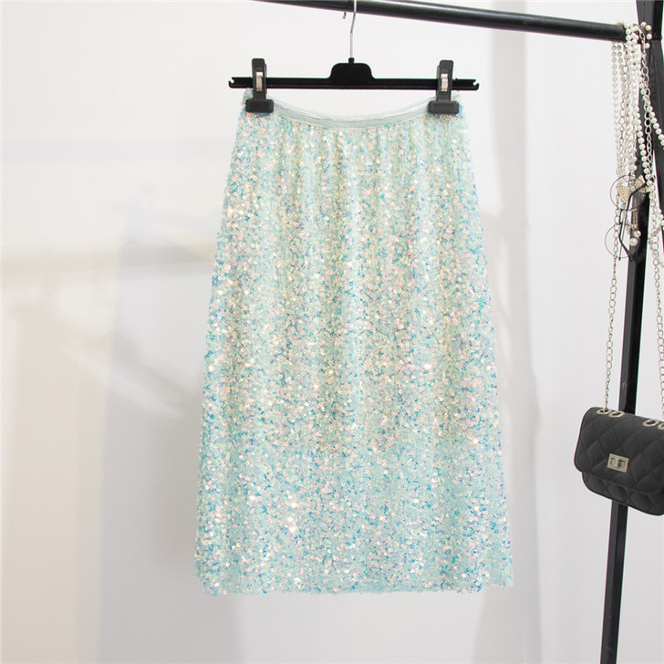 仙女气质闪闪亮片半身裙彩色珠片中长款一步裙...