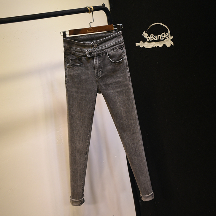 港味chic不规则高腰牛仔裤女弹力显瘦紧身...