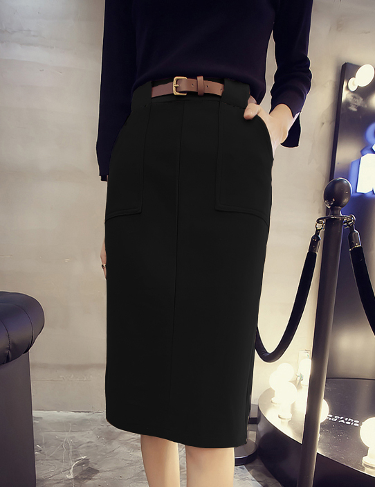 秋冬韩版修身双口袋毛呢子半身裙中长裙包臀裙...