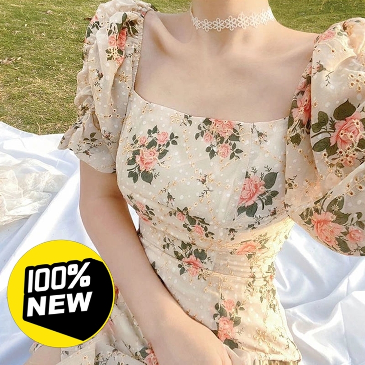 全新2021年夏季新款赫本风碎花连衣裙法式...