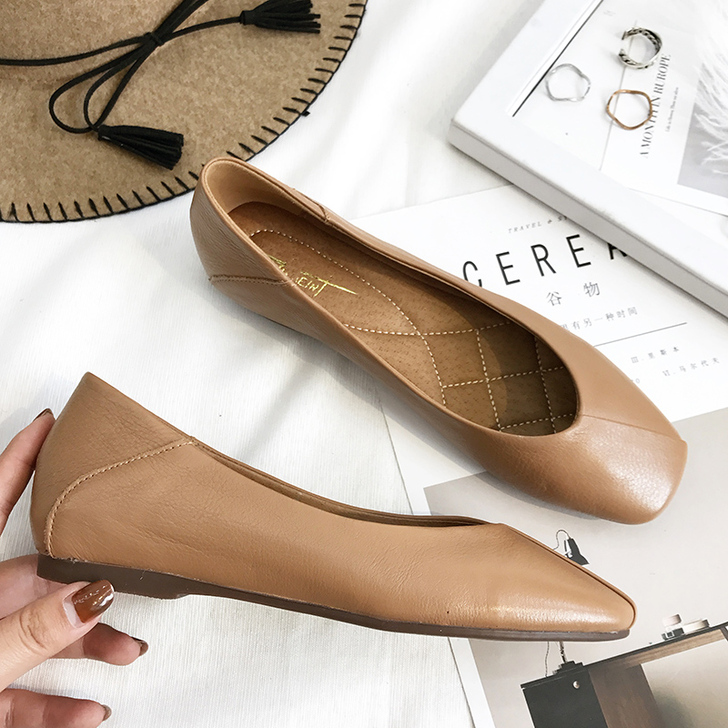 2018春新款韩版真皮方头平底单鞋牛皮浅口...