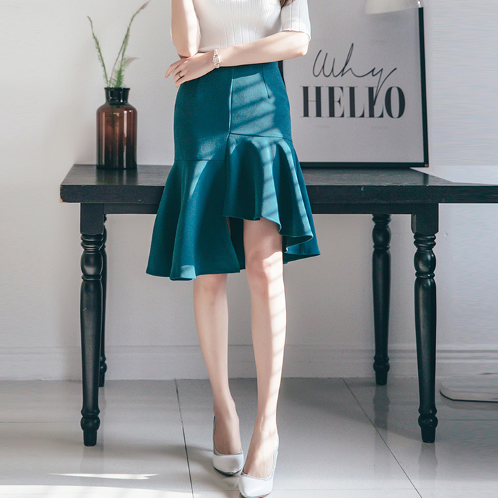 墨绿色鱼尾裙子 荷叶边高腰半身裙女包臀中裙...