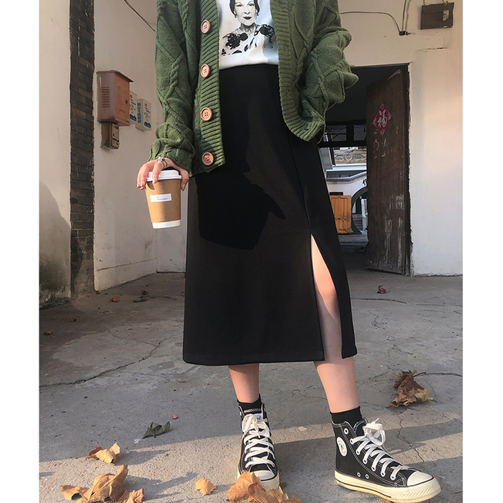 秋冬百搭黑色打底包臀直筒显瘦半身裙中长款A...