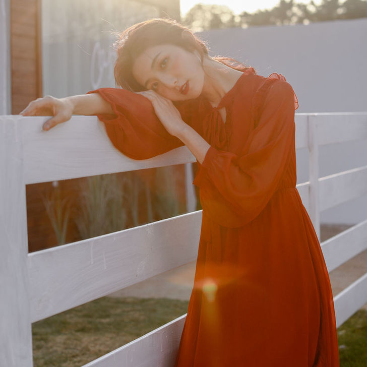 复古灯笼袖雪纺连衣裙女春法式裙温柔风超仙女...