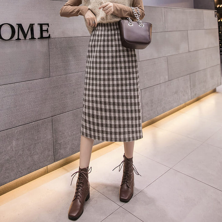 格子裙半身裙秋冬女中长款一步裙2020新款...