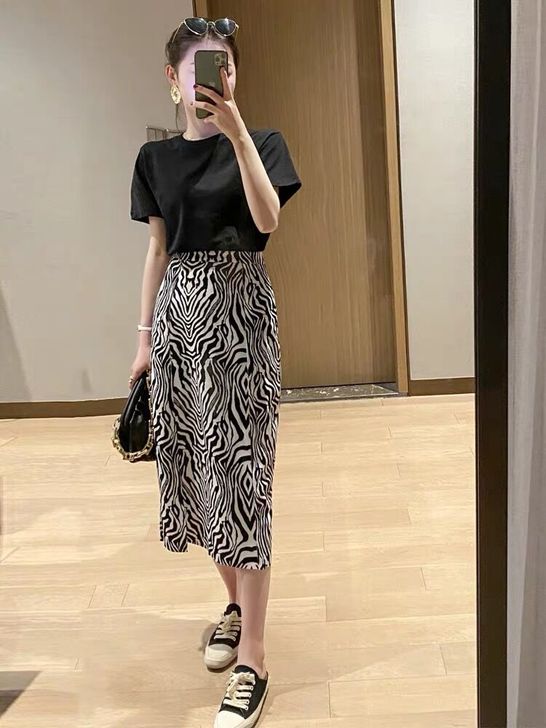 复古斑马纹半身裙女秋季中长款韩国高腰开叉一...