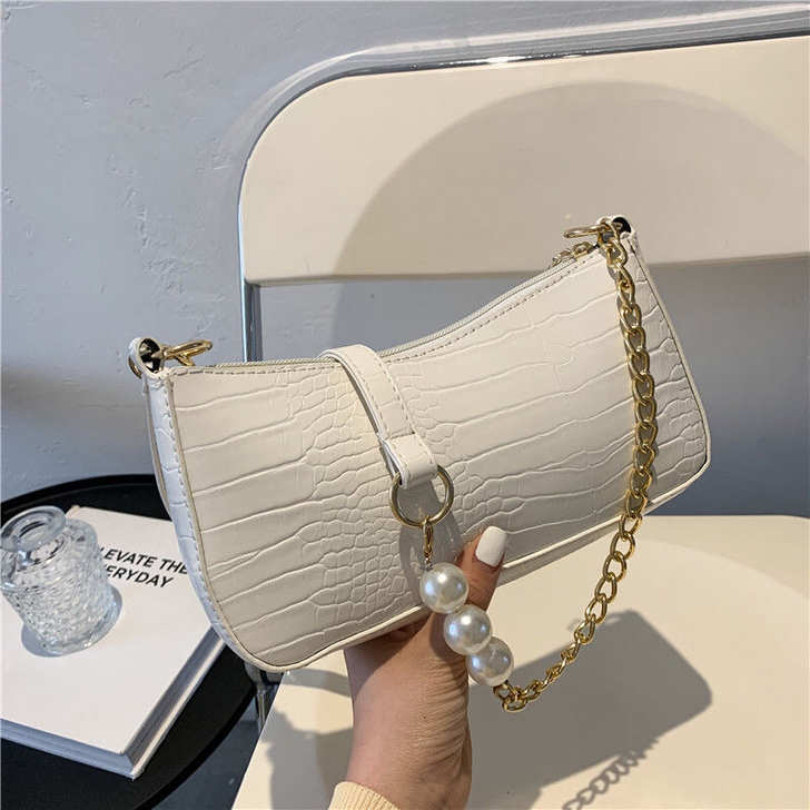 法式复古鳄鱼纹珍珠链条腋下包女2021韩版...