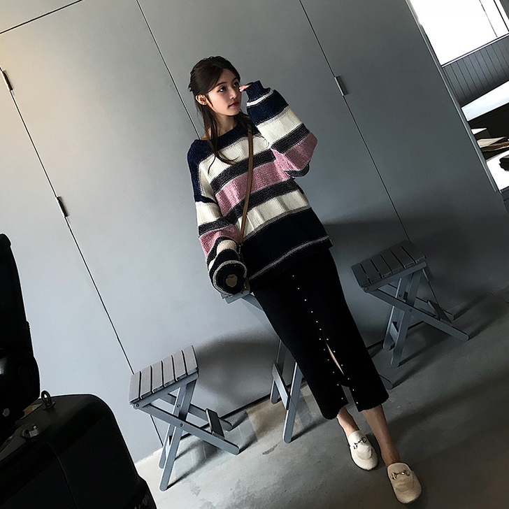 针织半身裙女秋装新款韩版钉珠修身开叉中长款...