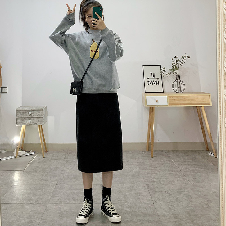 秋冬新款高腰显瘦半身裙直筒毛呢包臀裙中长款...